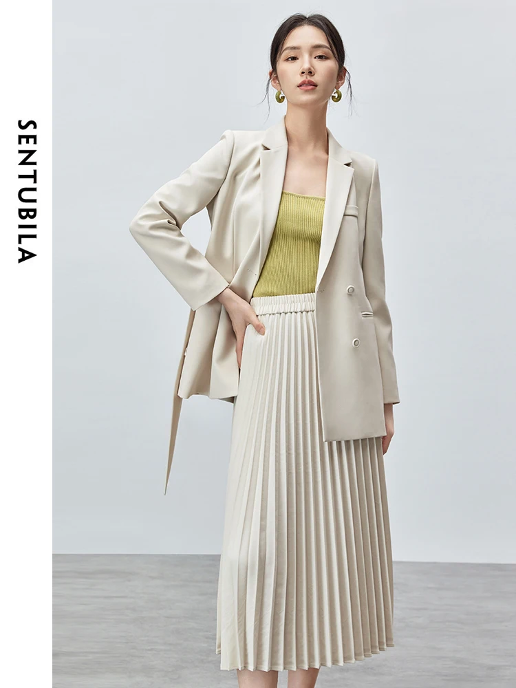 SENTUBILA Gonna da donna Abiti 2024 Autunno Texture Blazer Pieghe Gonna Office Lady Lavoro Affari Set da 2 pezzi 143Z56988