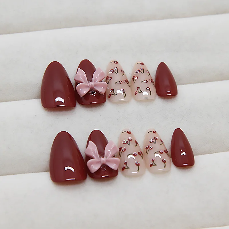 24pcs Solid Color Cherry Bow Fake Nails with Design Red Almond  Press on Nails Girls Medium Long Decorated False Nails Acyrlic