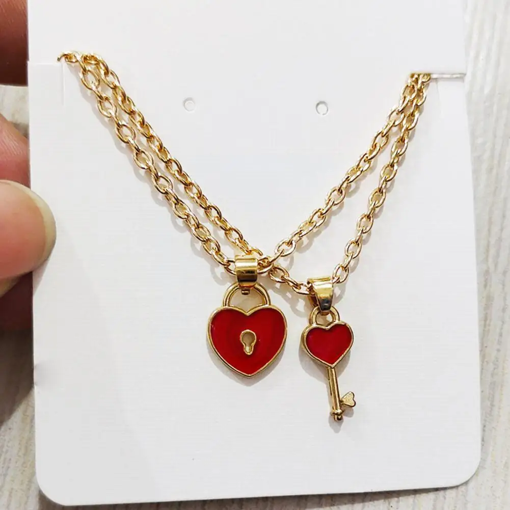 1Pair Fashion Key Lock Pendant Necklace For Couple Simple Design Love Heart Gold Color Collarbone Chain Necklace Jewelry Gi N7P2