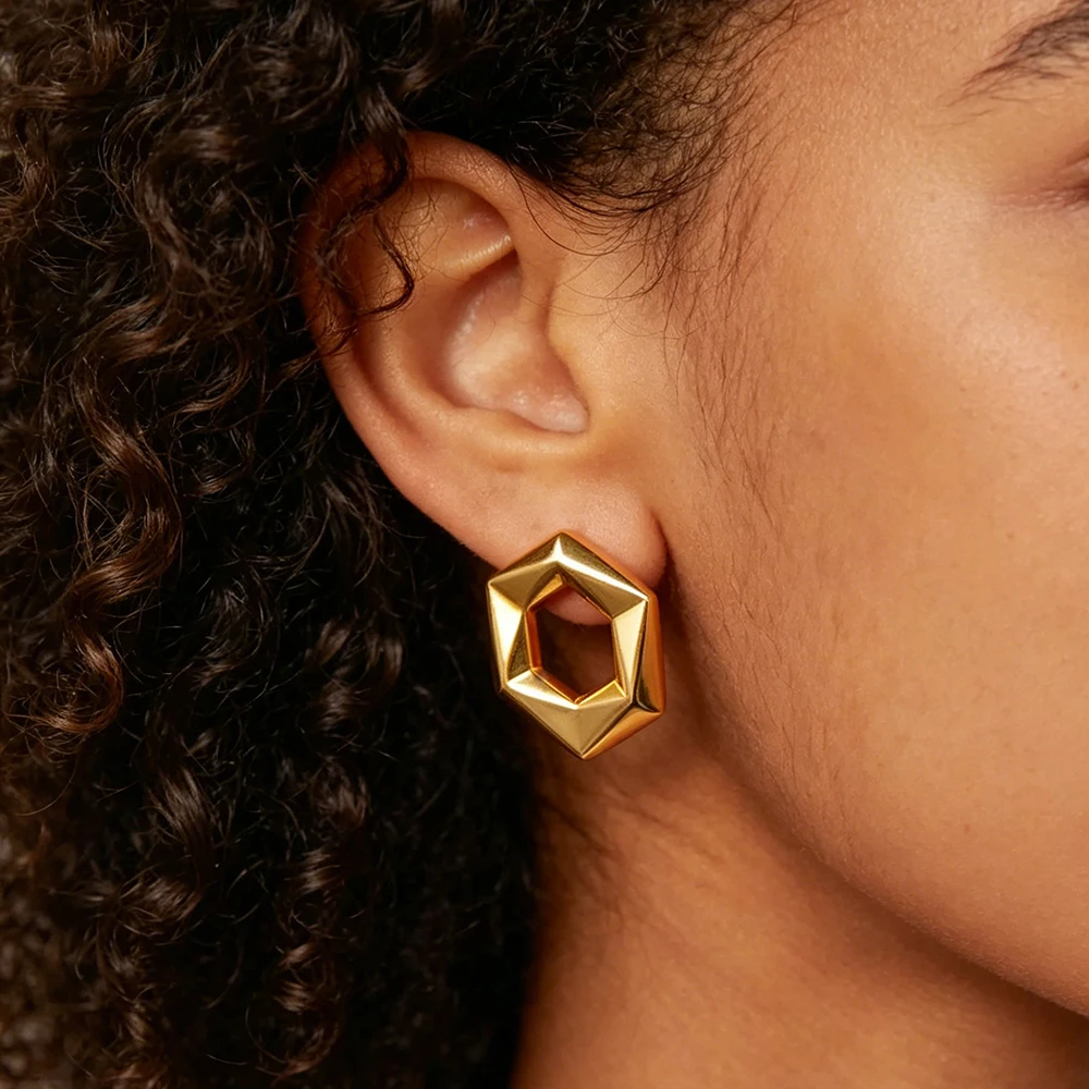 Minimalist Hollow Geometric Symmetry Gold Color Earrings Waterproof Chunky Star Ear Hoops PVD Huggie Vintage Jewelry Rust Proof