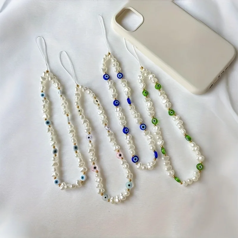 Unique Evil Eye Pearl Phone Charm - Colorful Faux Pearl Handmade Irregular Beaded Pendant for Women - náhled 4