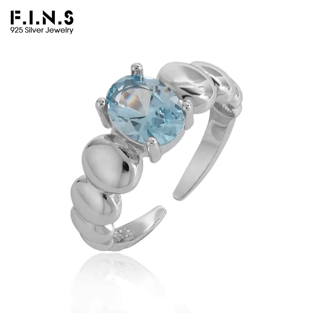 

F.I.N.S INS Original Design S925 Sterling Silver Open Ring Texture Blue Zirconia Oval Smooth Adjustable Finger Fine Jewelry Gift