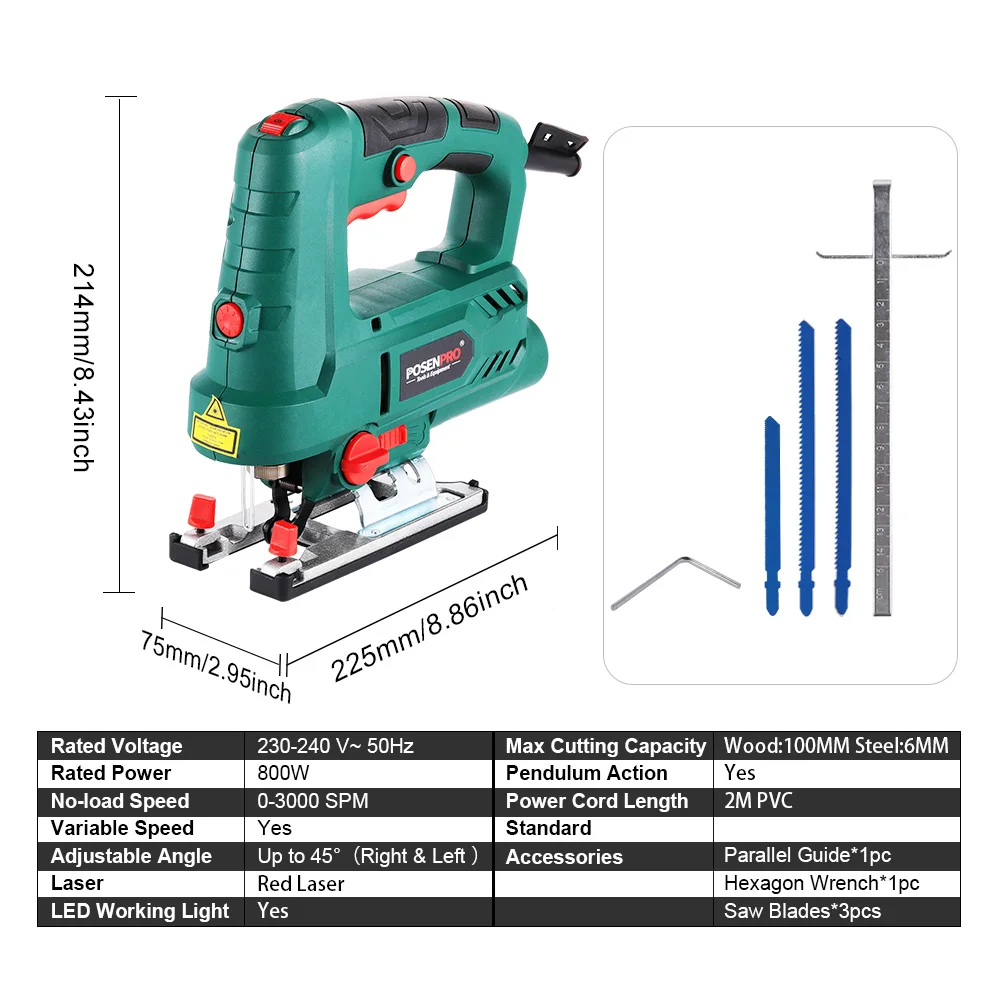 POSENPRO 800W Elektrische Stichsäge, Multifunktionale LED-Arbeitsleuchte Holz-/Stahlbearbeitungs-Handsäge mit Winkelschnitt-Funktion, Werkzeugloser Klingenwechsel, Pendelfunktion, Gebläsefunktion &