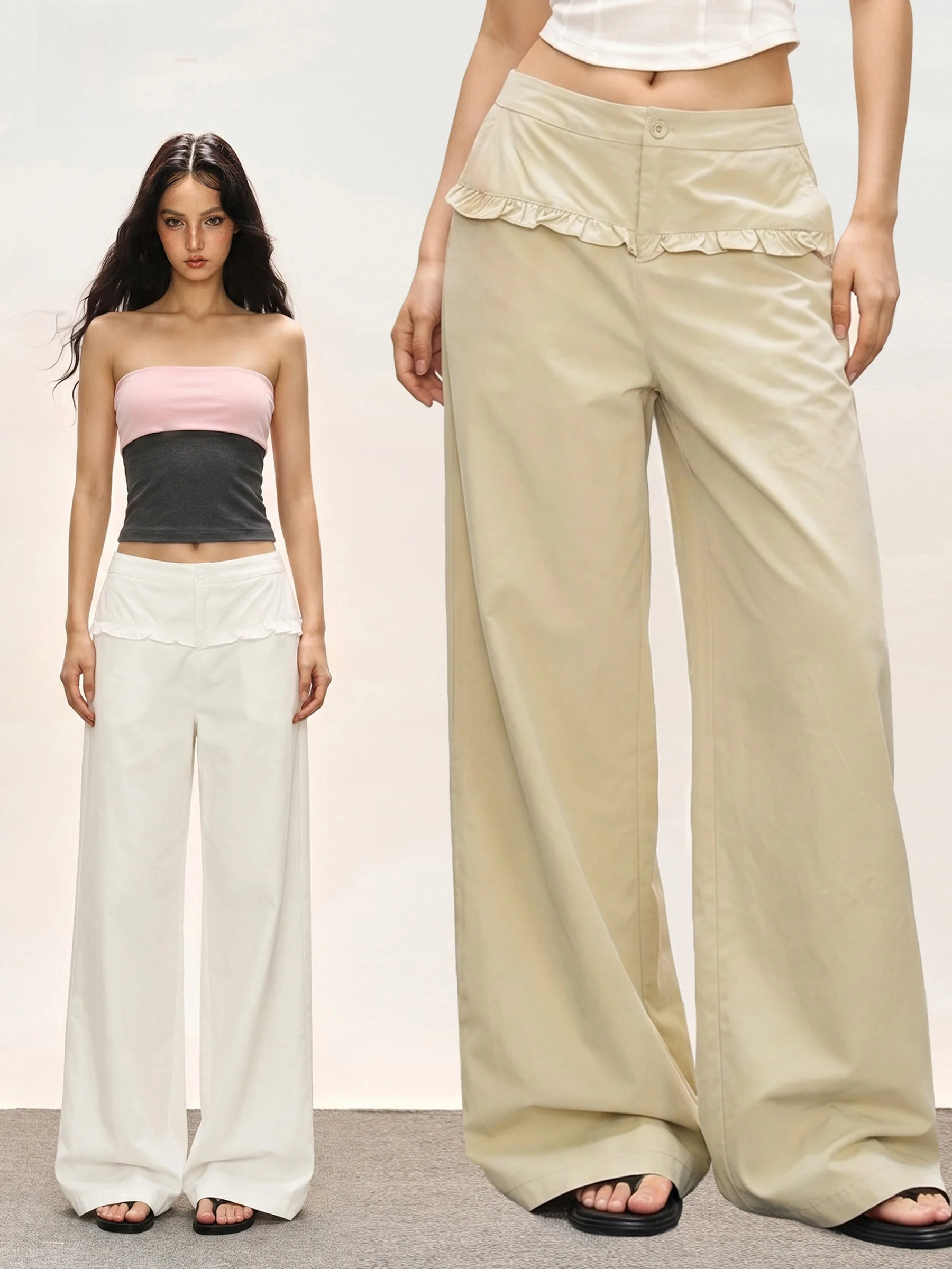 

November American Retro Wide Leg Pants Women Summer Ruffle Splicing Design Straight Low Waist Slimming Jeans High Waist Strai...