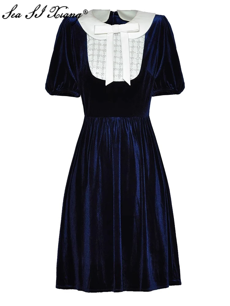 

Seasixiang Fashion Designer Spring Velvet Pencil Dress Women O-Neck Short Sleeve Belt Sequins Vintage Party Dersses