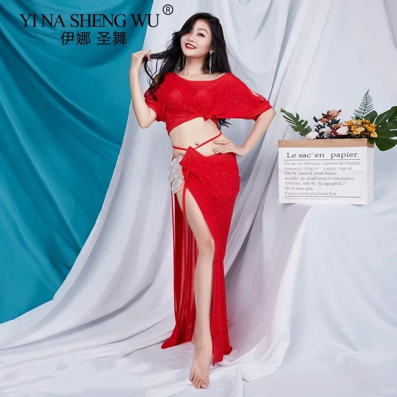 أزياء الرقص الشرقي النساء 2 قطعة مجموعة تنورة علوية مثيرة مع حجر خارج الكتف عالية سبليت الرقص الشرقي مرحلة الأداء ارتداء فتاة #2