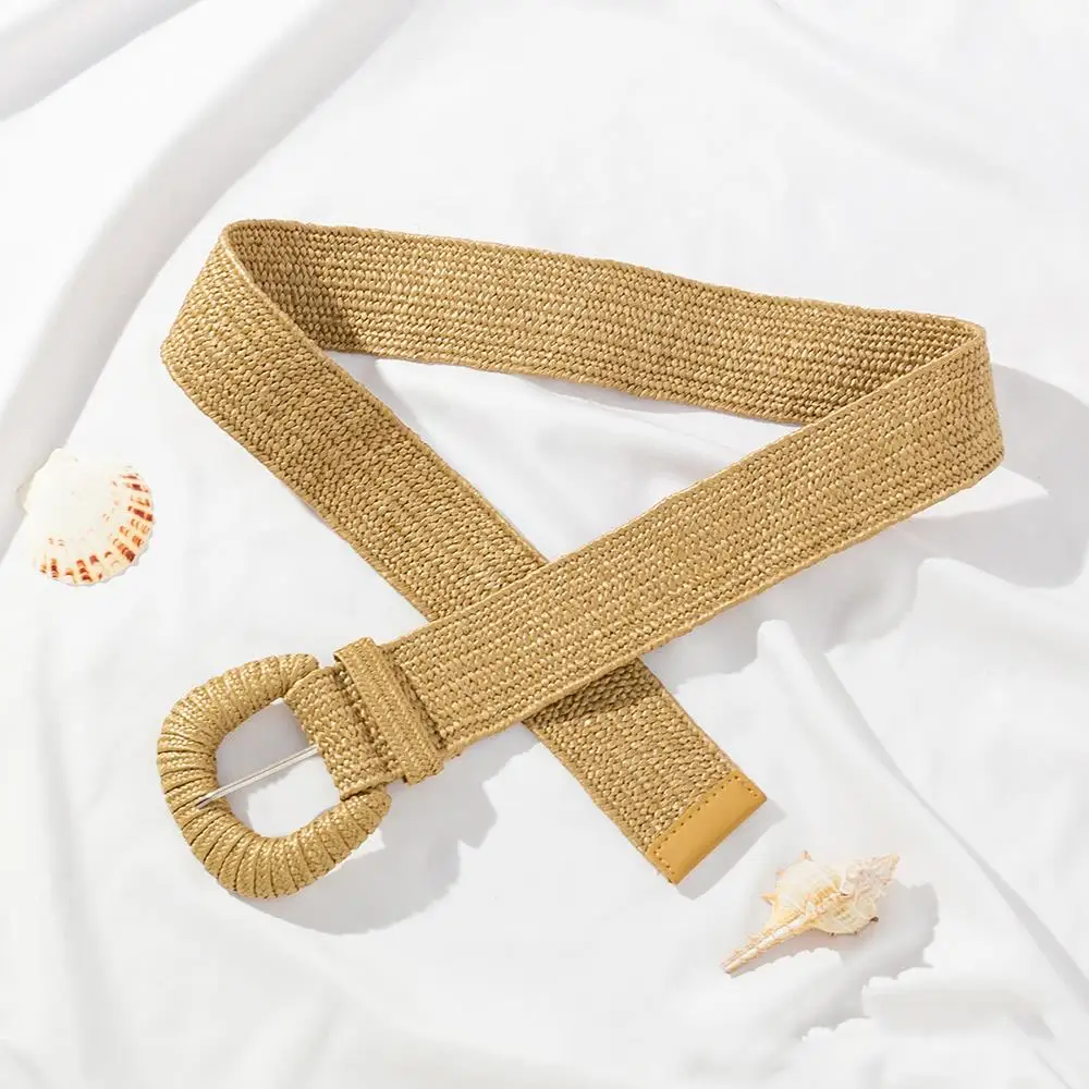 

Elastic PP Straw Waist Belt Decorative Waistbands Grass Weaving Woven Pin Buckle Vintage Fashion Simple Braided Wide Belt