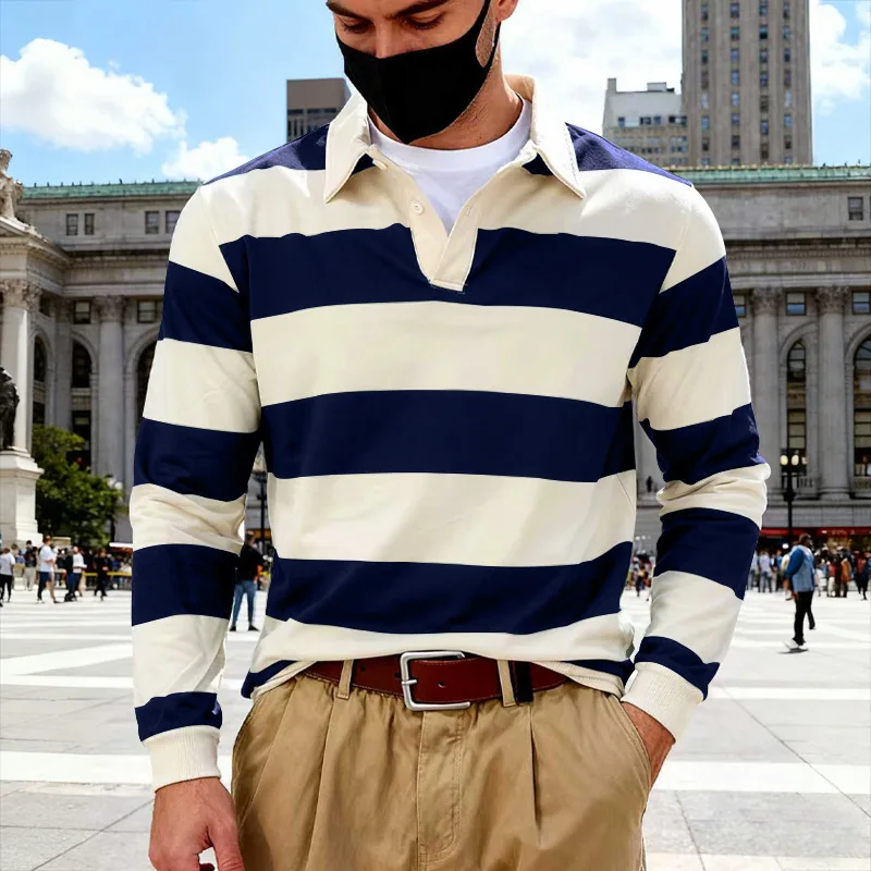 

Men's Long Sleeve Striped Polo Shirt Contrast Color Casual Collar Pullover Top