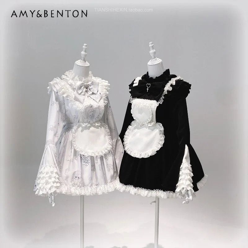 

Subculture Gothic Dress Sets Cosplay Maid Outfit Detachable Apron Cartoon Printed Flared Sleeves Big Bow Slim Mini Puff Dress