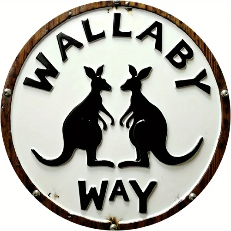 8x8 Inch Vintage Metal Sign, Cartoon Kangaroo 2D Flat Wall Art, Round Tin Plaque for Home Garden Decor
