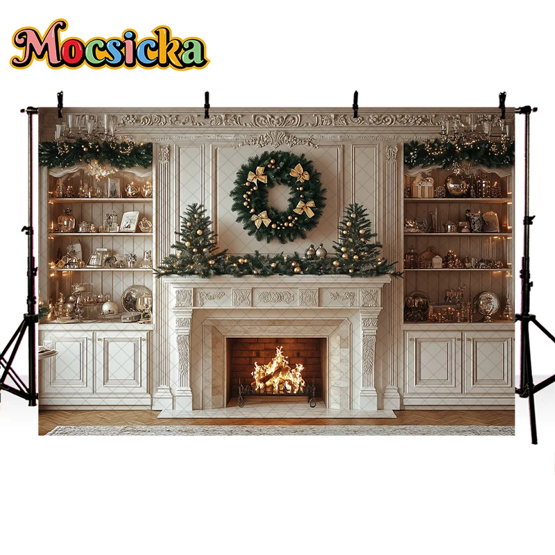 Mocsicka Xmas Living Room Photography Background Fireplace Garland Decor Props Adult Kids Family Portrait Photo Backdrop Studio