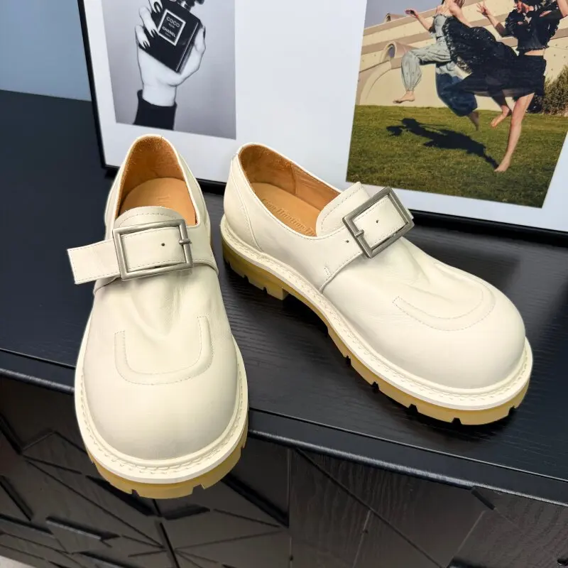

Round-Toe British-Style Leather Shoes Men's Buckle Genuine Leather Thick-Soled Retro Casual Loafers