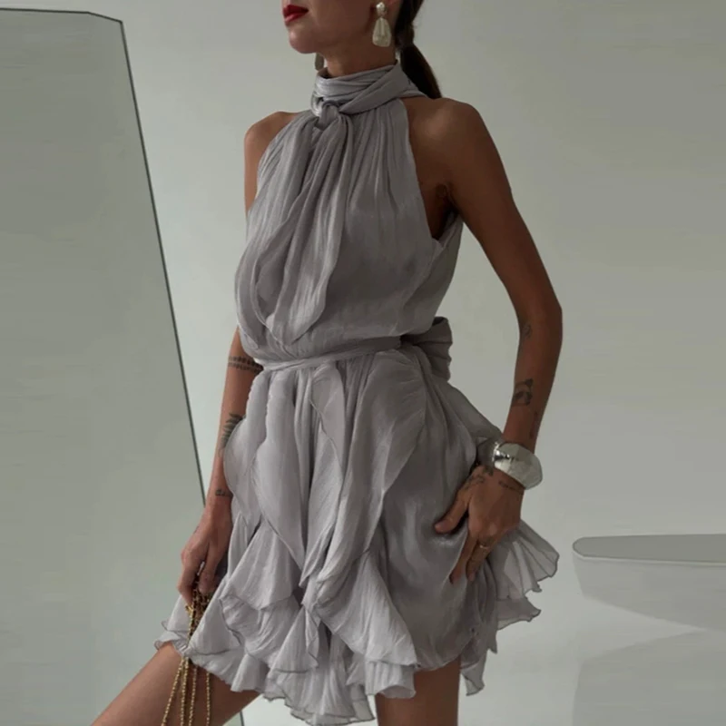 Elegante, schlichte, mehrfarbige Kleider, modisches, ärmelloses, kurzes Kleid mit Rüschen, Sommerkleid mit hoher Taille und einfarbigem Schnürverschluss