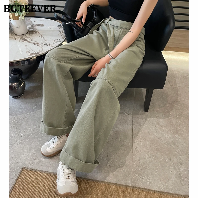 BGTEEVER, pantalones vaqueros rectos de cintura alta con cordones y estilo para mujer, moda de verano, pantalones vaqueros de pierna ancha holgados con bolsillos para mujer