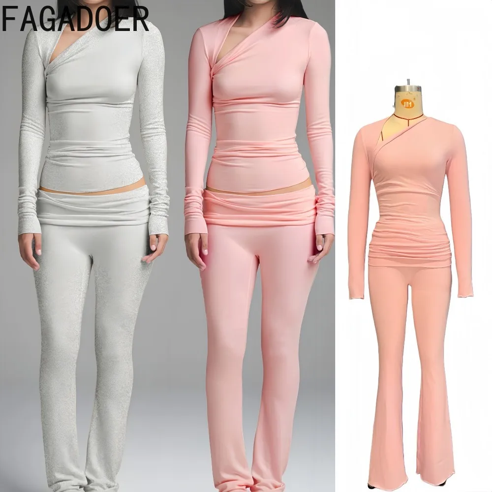 

FAGADOER High Quality Cotton Casual 2 Pieces Set for Woman Outfits Irregular Neckline Long Sleeve Top + Pants Female Streetwear