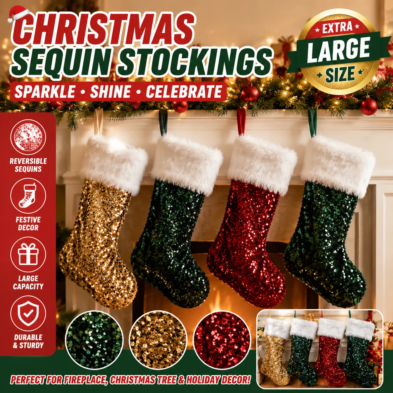 Christmas Stocking Hanging - Weihnachtsstrümpfe mit Sublimationsdruck und Wendepailletten, Große