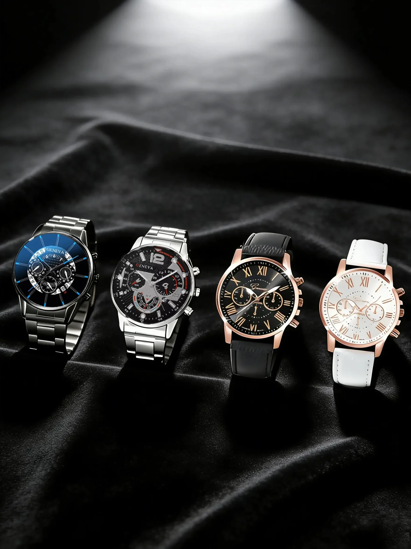 Luxury Geneva Men Quartz Watch Roman Numerals Three-eye Dial Casual Business Wrist Watch for Men, Steel & Leather Strap Male