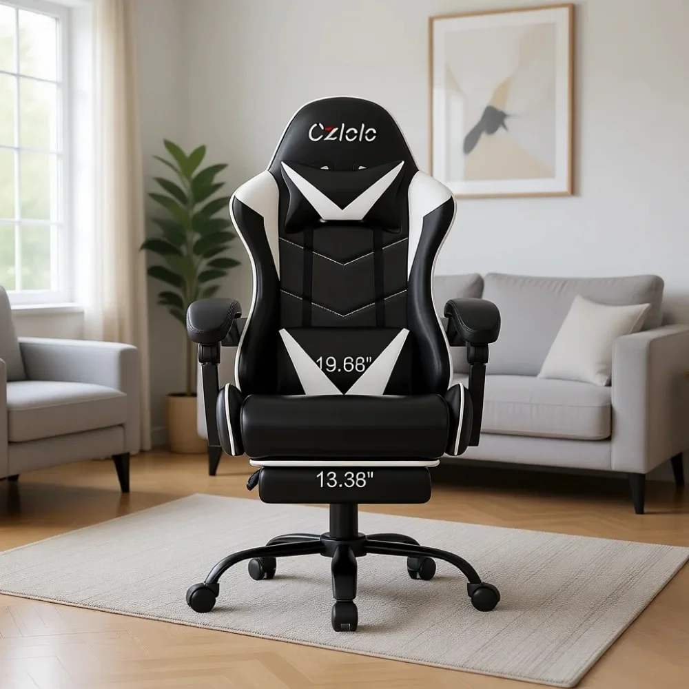High-back reclining game chair with ottoman massage waist support metal legs 360 ° rotation, white video game office chair