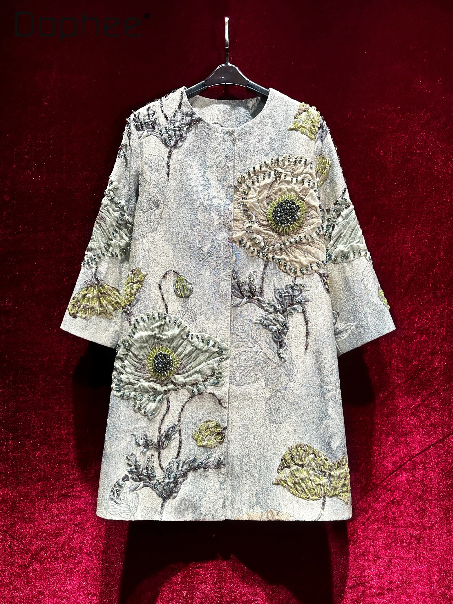 Light Luxury Three-Dimensional Embossed Jacquard Heavy Beading Mid-Length Coat Women Trench Elegant High-End Vintage Loose Coat