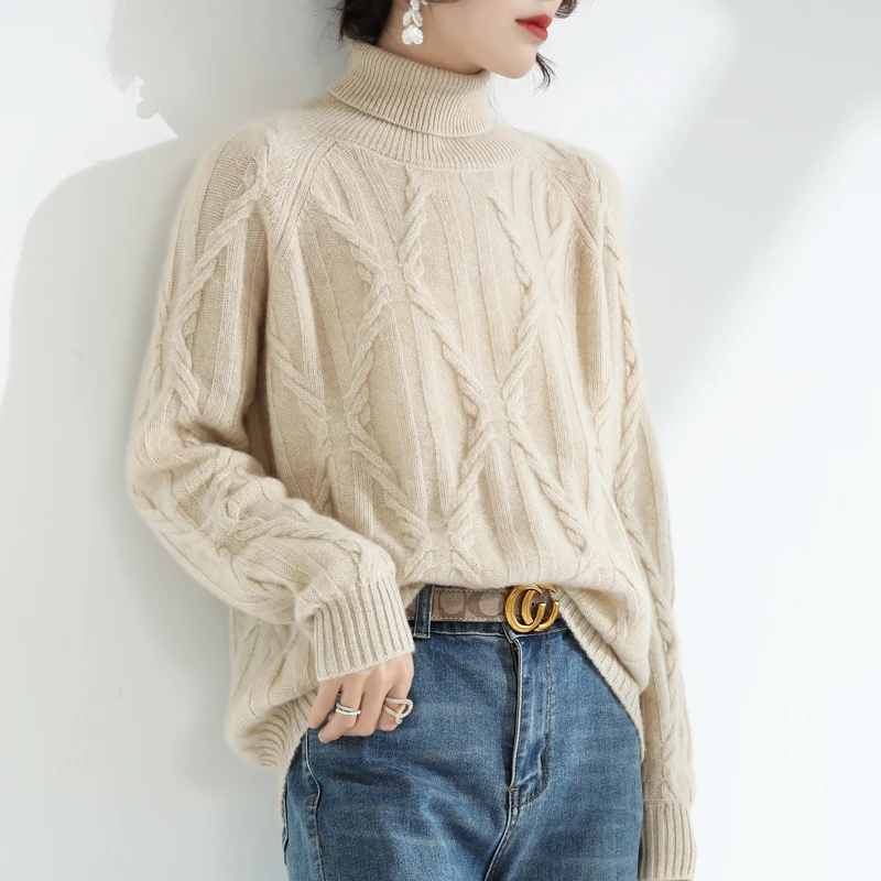 

Autumn/Winter New 100% Pure Cashmere High Neck Thickened Sweater Women's Top Pullover Twisted Flower Sweater Loose Bottom Knit