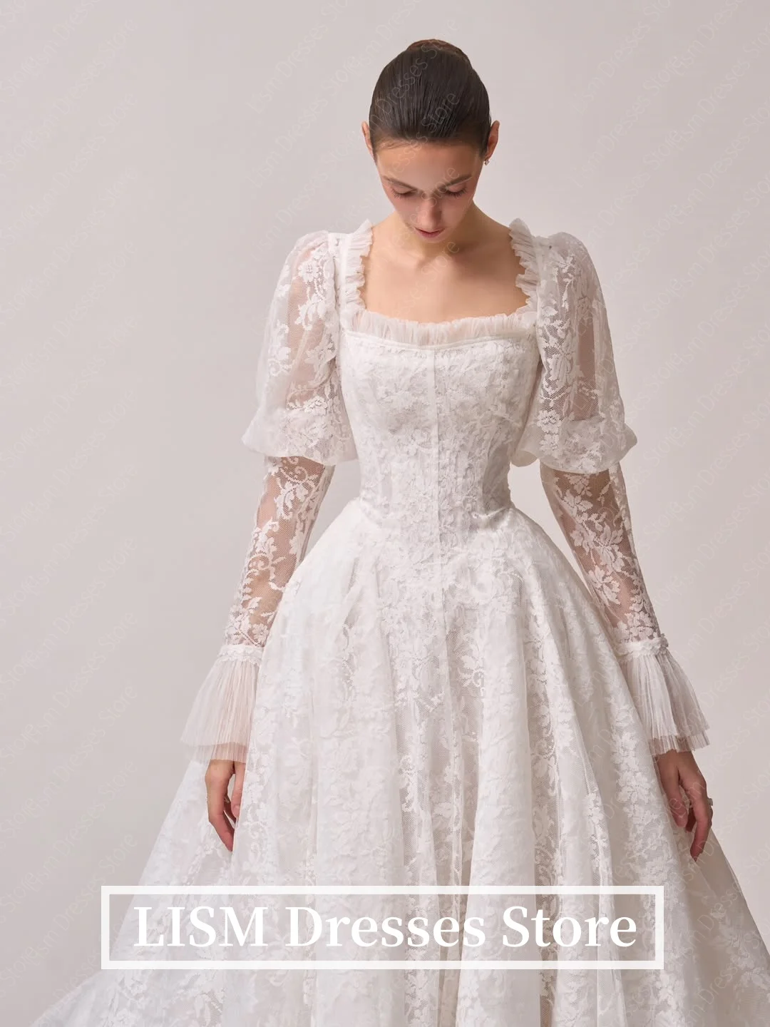 LISM Square Neck Korea A-Line Wedding Dresses Lace Silk 웨딩드레스 Ivory Lace-up Full Sleeves Customized Pretty Elegant Bridal Gowns