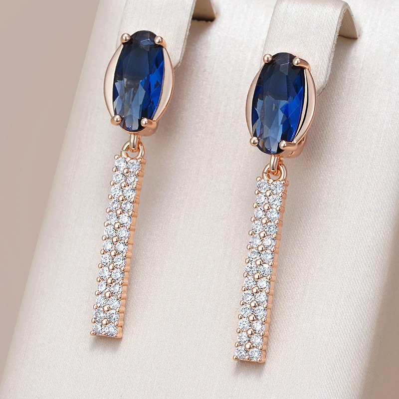 Kinel Luxury Oval Blue Natural Zircon Long Earring For Women Fashion 585 Rose Gold Wedding High Quality Party Fine Jewelry