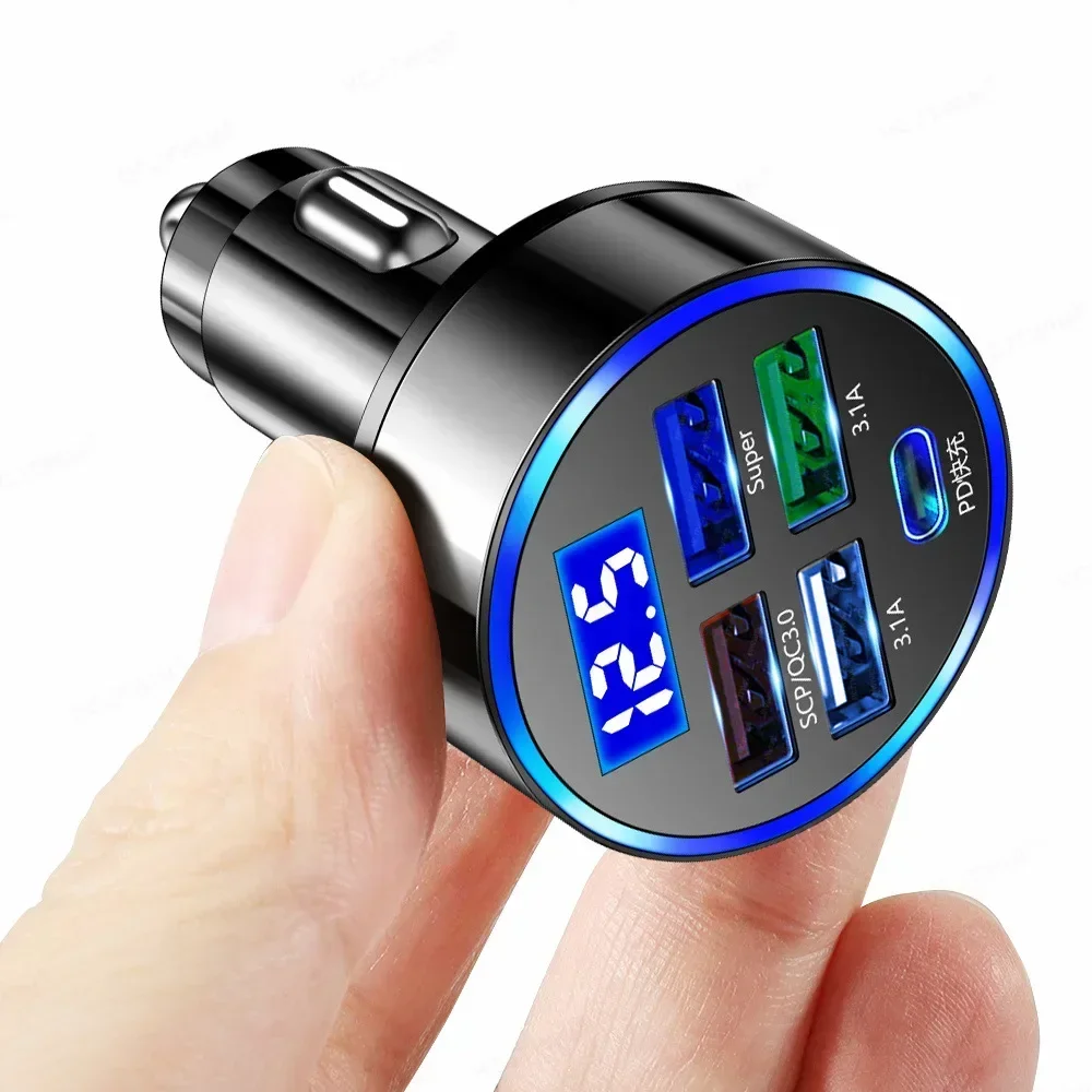 Cargador de coche LED de 5 puertos, adaptador de carga rápida de 250W tipo C PD, Mini cargador de teléfono para coche para Iphone, Samsung, Huawei, Xiaomi
