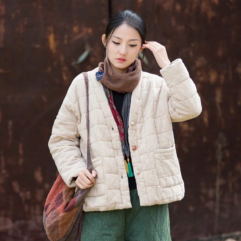 

2025 Winter Women's Quilted Coat: Double-Layer Texture, Checker Pattern & Frog Closures.