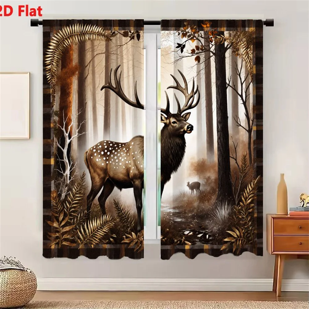 2Pcs Curtains 2D Flat Artistic Forest Scene With Prominent Stag And Misty Path, Autumnal Foliage And Tall Trees, Nature-Inspired
