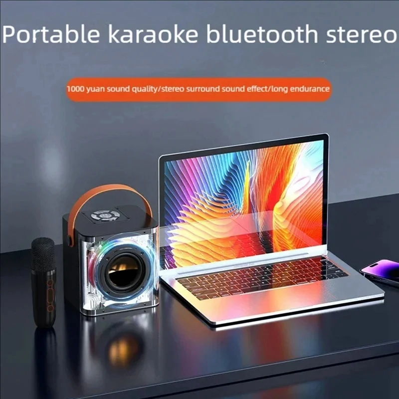 Portable Mini Karaoke Machine Set Bluetooth Speaker Colorful Light Surround with 2 Wireless Microphones for Kid Adults B-A46I