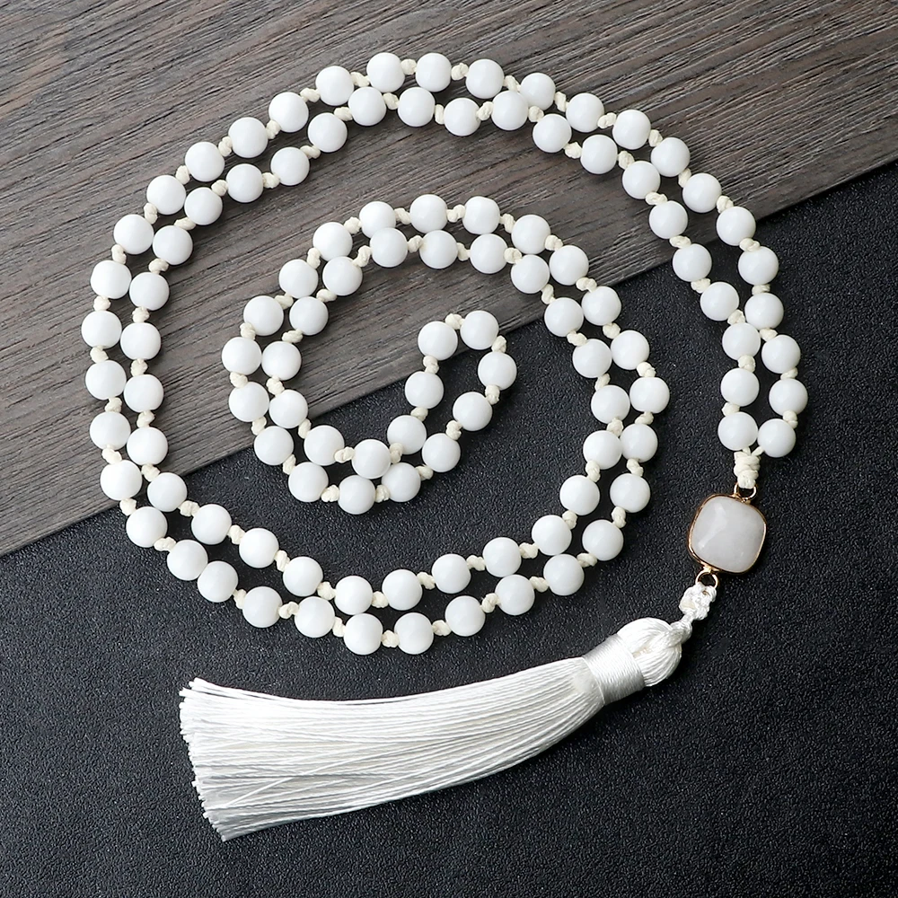 6MM 108 Mala Beads Bright White Necklace Wax Rope Handmade Knotted Inelastic Tassel Women Yoga Pendant Bangle Men Prayer Jewelry