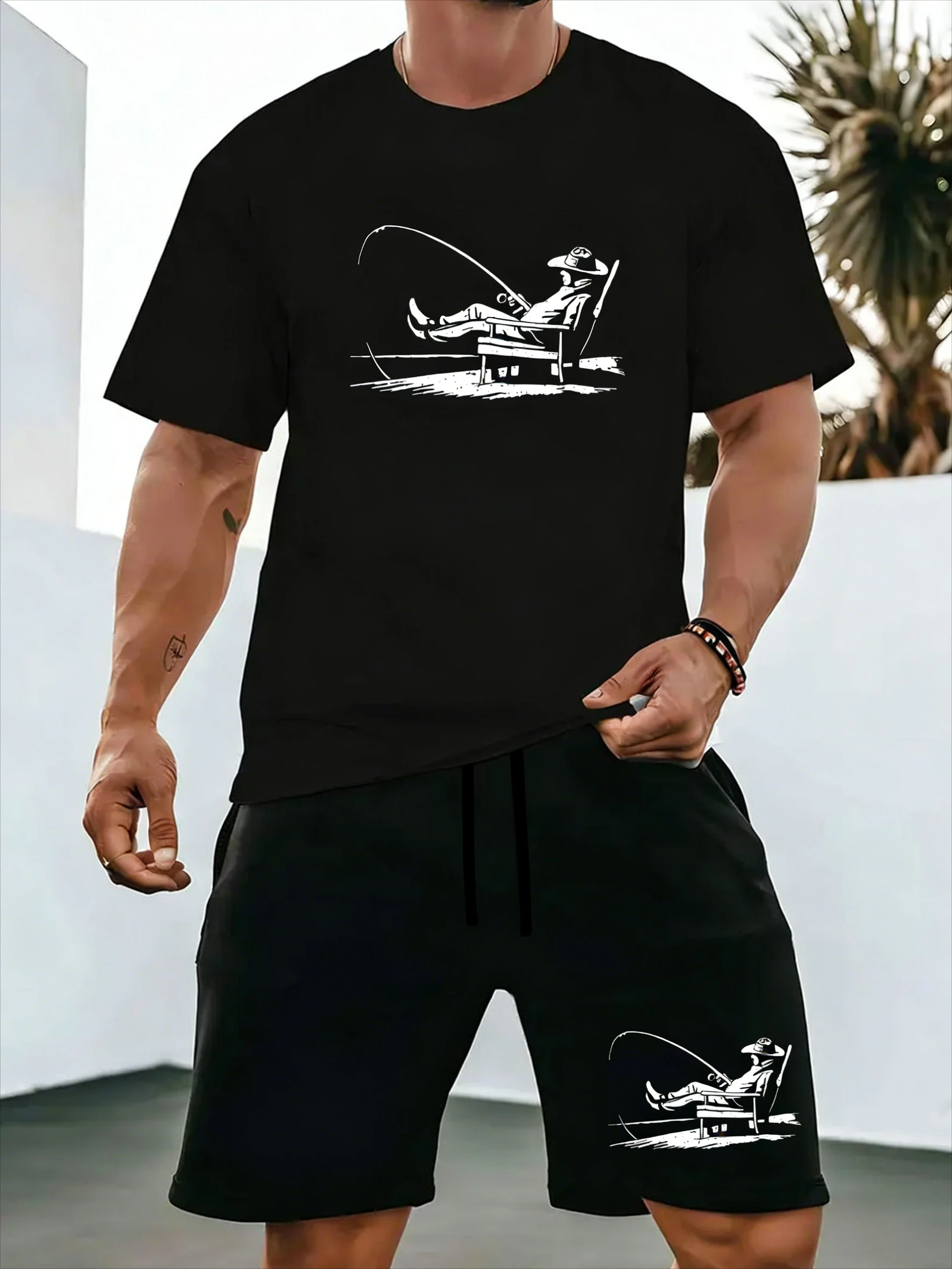 2026 Summer Men's Fishing Set, Cool Knit Short Sleeve Crew Neck T-Shirt & Drawstring Shorts, Comfort Outdoor Sport Tracksuit