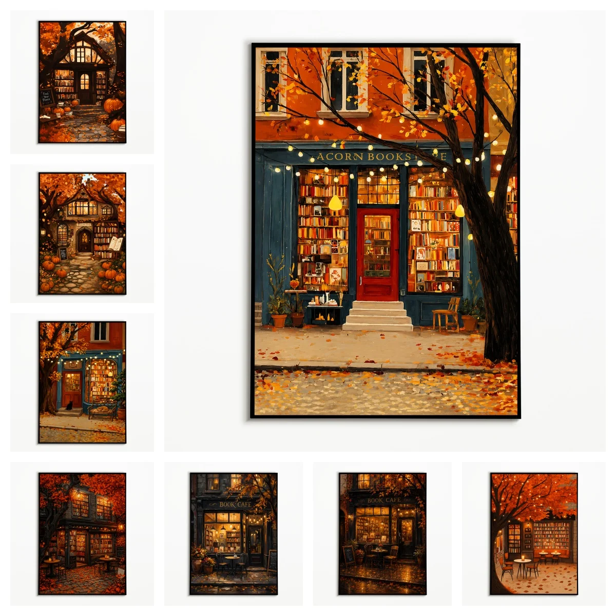 1pc frameless,1PC Autumn Bookstore Street Scene Poster Fallen Leaf Display Window Book Wall Art Thanksgiving Day Canvas Printing