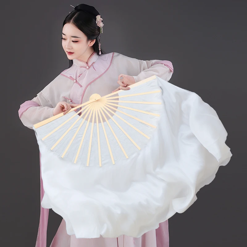 Long Fan Veils White Real Silk Chinese Traditional Bamboo Folding Fan Flowy Costume Accessory Women Belly Dance Prop White