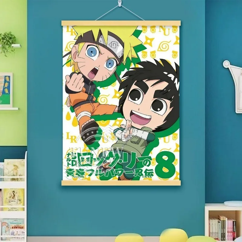 Q Version Naruto Rock Lee Scroll Poster with Wooden Hangers Wall Hanging for Anime Fans Home Room Decoration Exquisite gift