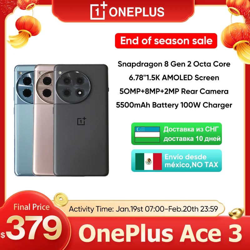 Oneplus ACE 3 5G Global Rom Snapdragon 8 Gen 2 6.78\'\' 1.5K 120Hz AMOLED Display Screen 5500mAh Battery 100W SUPERVOOC Charge