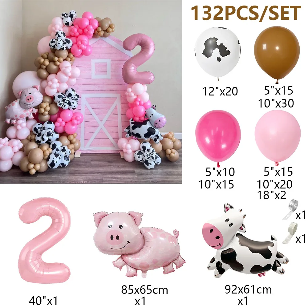 132Pcs Farm Cute Animal Theme  Cow Pig Balloon 40inch Pink Number 0~9 For Birthday Party Baby Shower Arch Garland Kit Decor