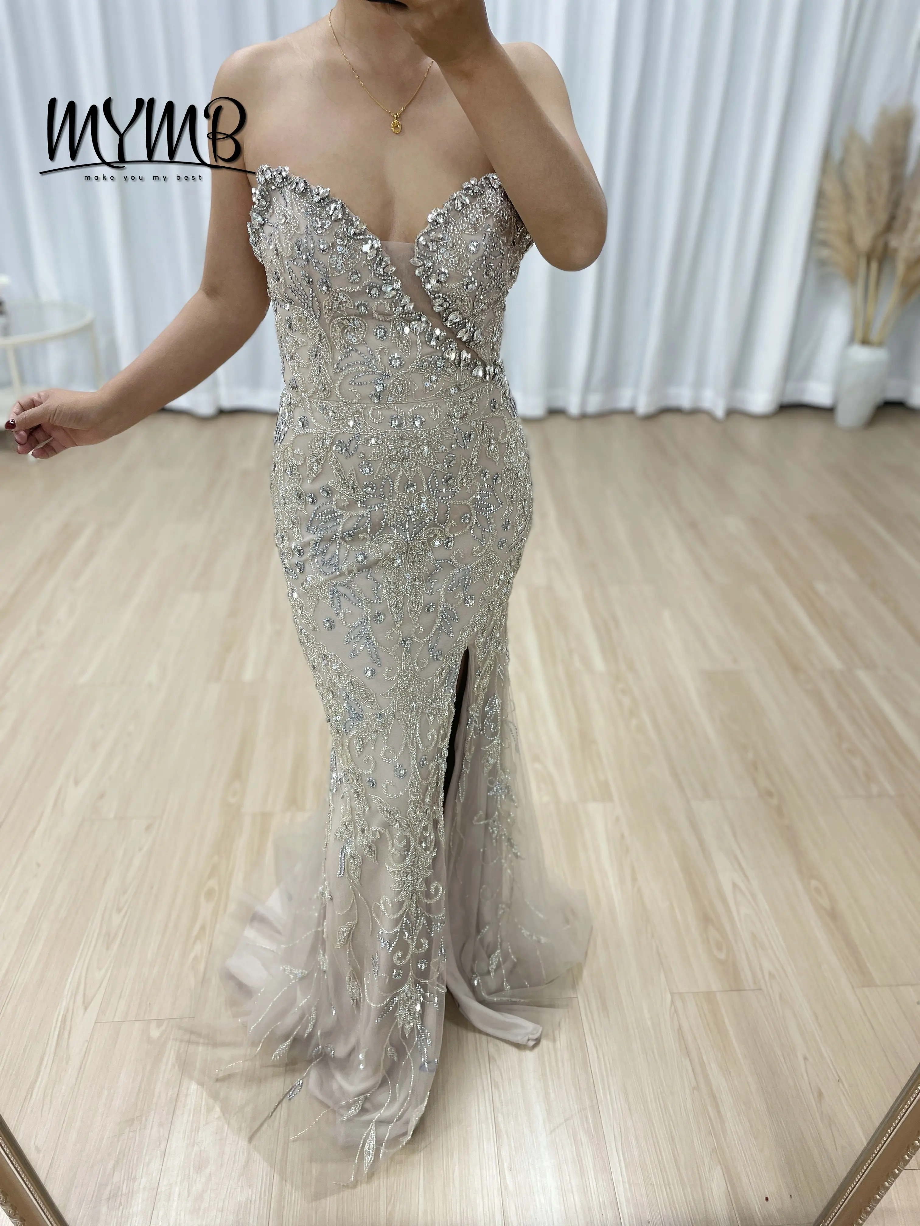 MYMB Gorgeous Sexy High Slit V Neck Evening Gown Suitable for Banquet Embellished Exquisite Embroidery Beaded Sequin MB40327