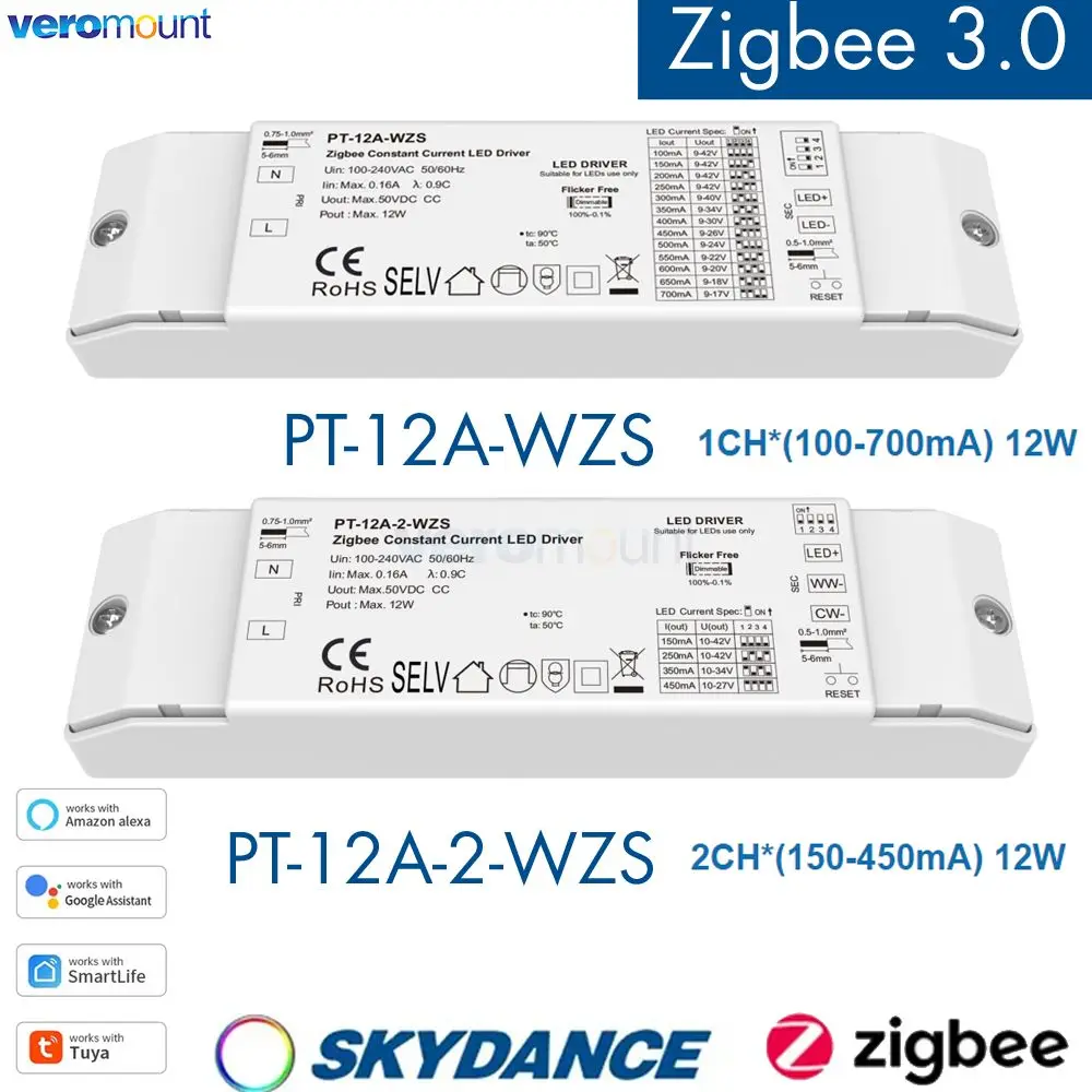 

Skydance 10-42V DC 12W Zigbee 3.0 Constant Current LED Driver 1CH*(100-700mA) PT-12A-WZS 2CH*(150-450mA) PT-12A-2-WZS CCT Driver