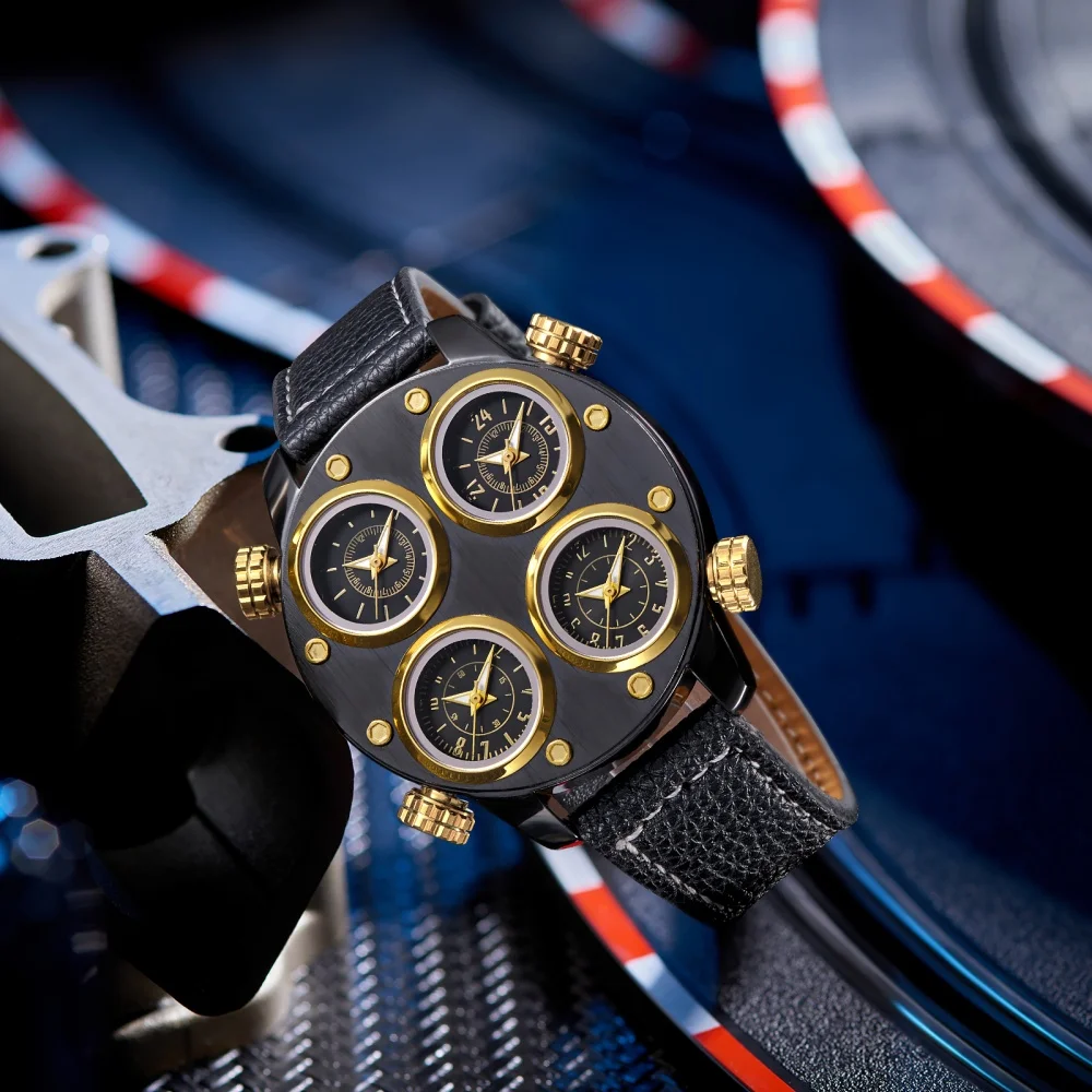 Montre à quartz pour homme à grand cadran, style punk européen et américain tendance, montre-bracelet multifonctionnelle à quatre fuseaux horaires, élégante et tendance, montre pour homme étanche, bracelet en cuir polyvalent et à la mode, montre de sport haut de gamme pour homme, modèle très populaire auprès des influenceurs.