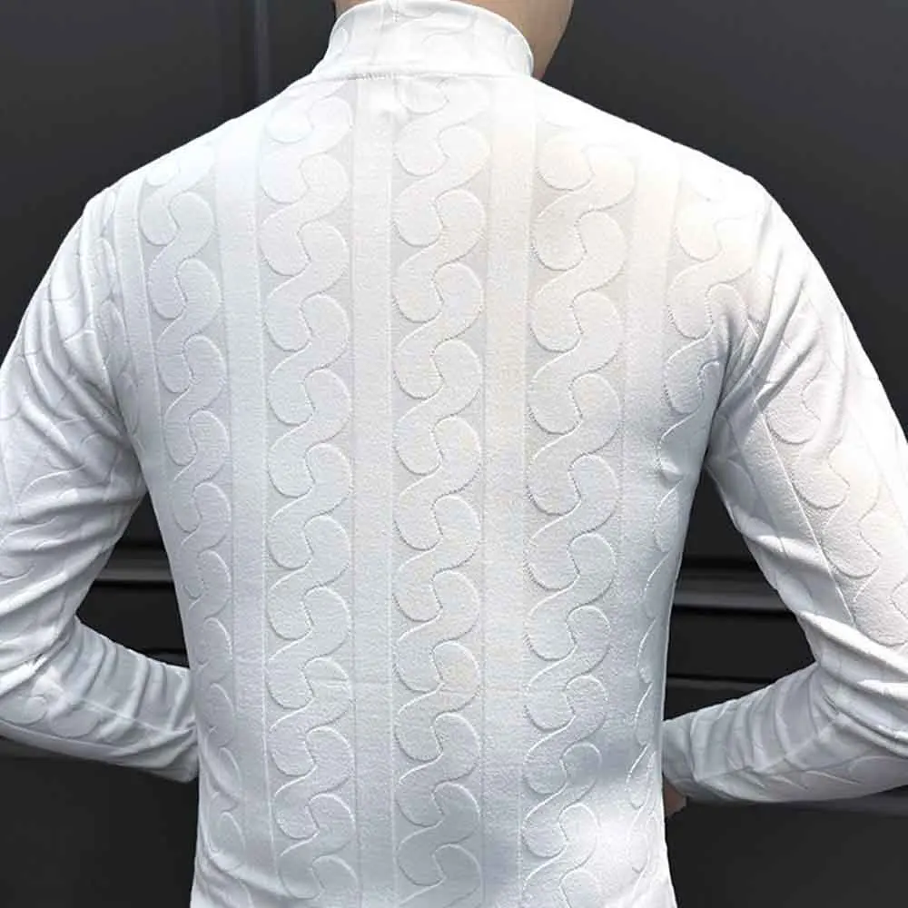 Mens Spring T-Shirt Jacquard Slim Fit Innerwear Casual T-Shirt Fashion Outdoor Versatile Court Long Sleeve Top Men'S Clothing