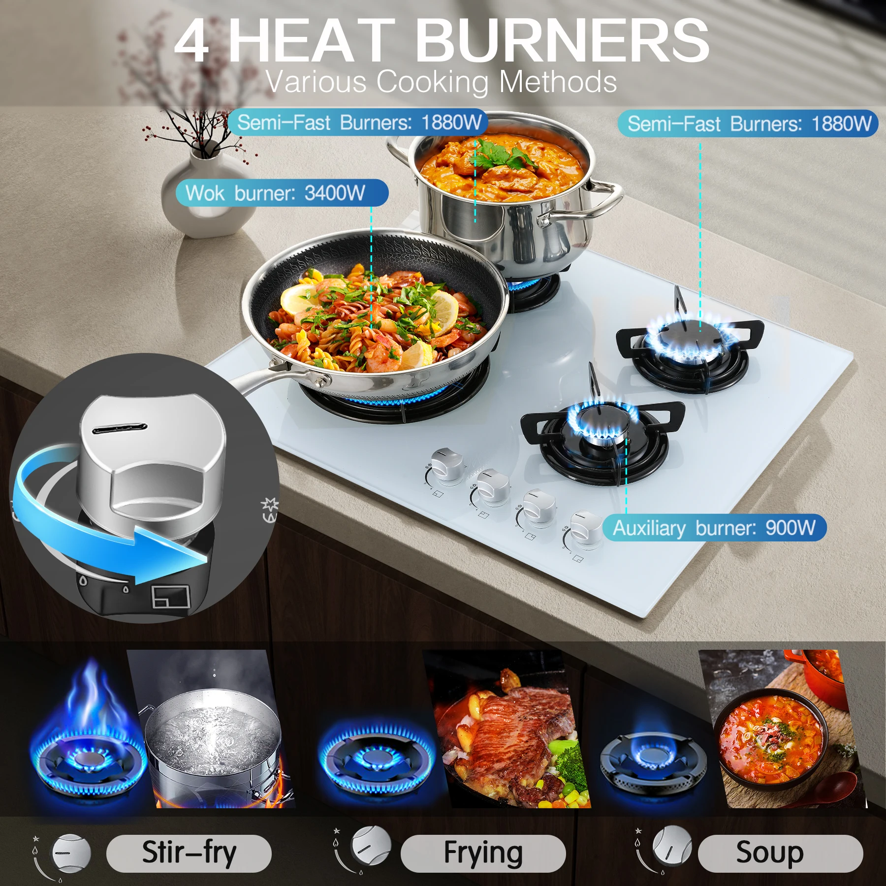 4 شعلات زجاجية سيراميك مدمجة في غاز البروبان الطبيعي موقد غاز أبيض جديد #2