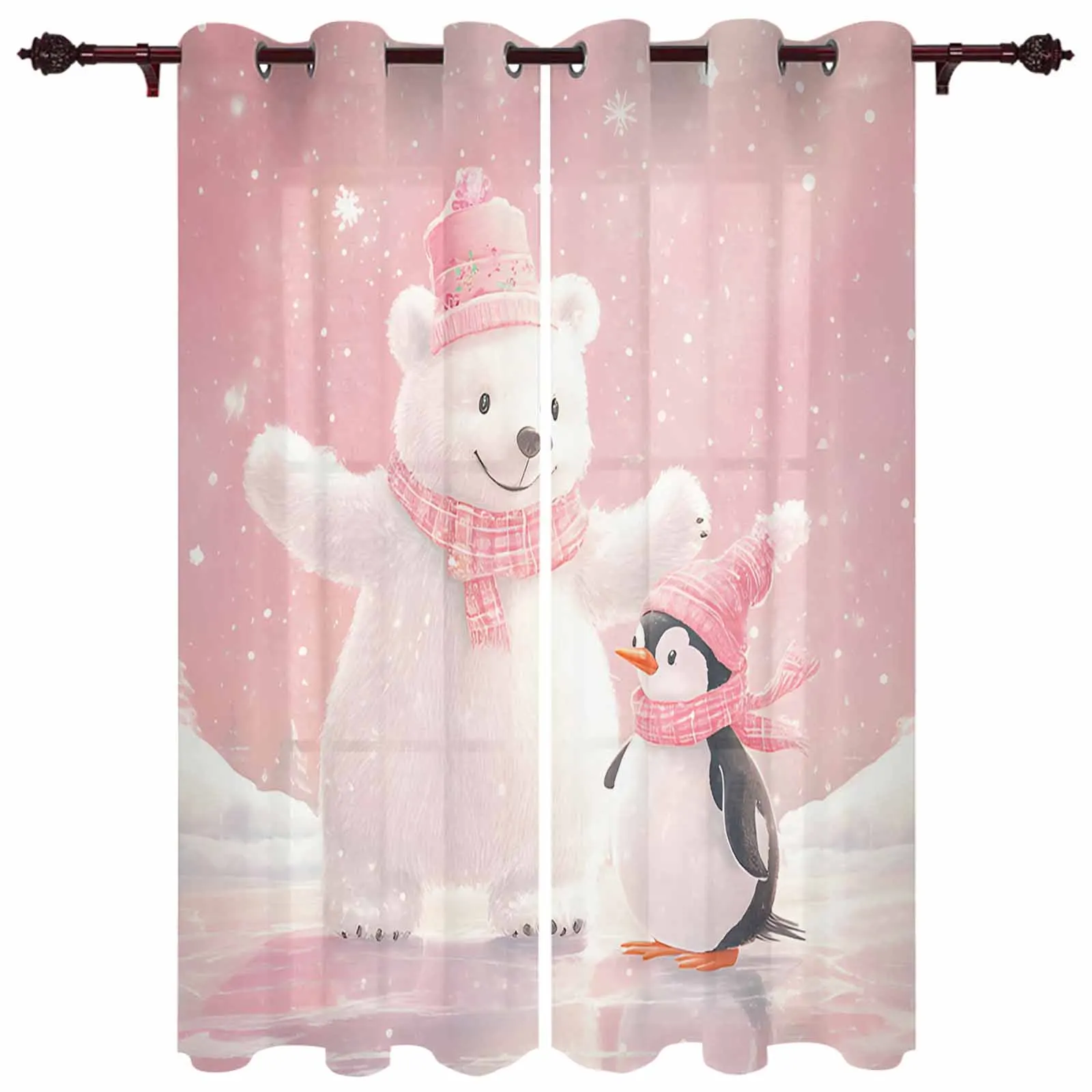 Christmas Pink Bears And Penguins Tulle Curtains For Living Room Bedroom Modern Kitchen Sheer Curtains