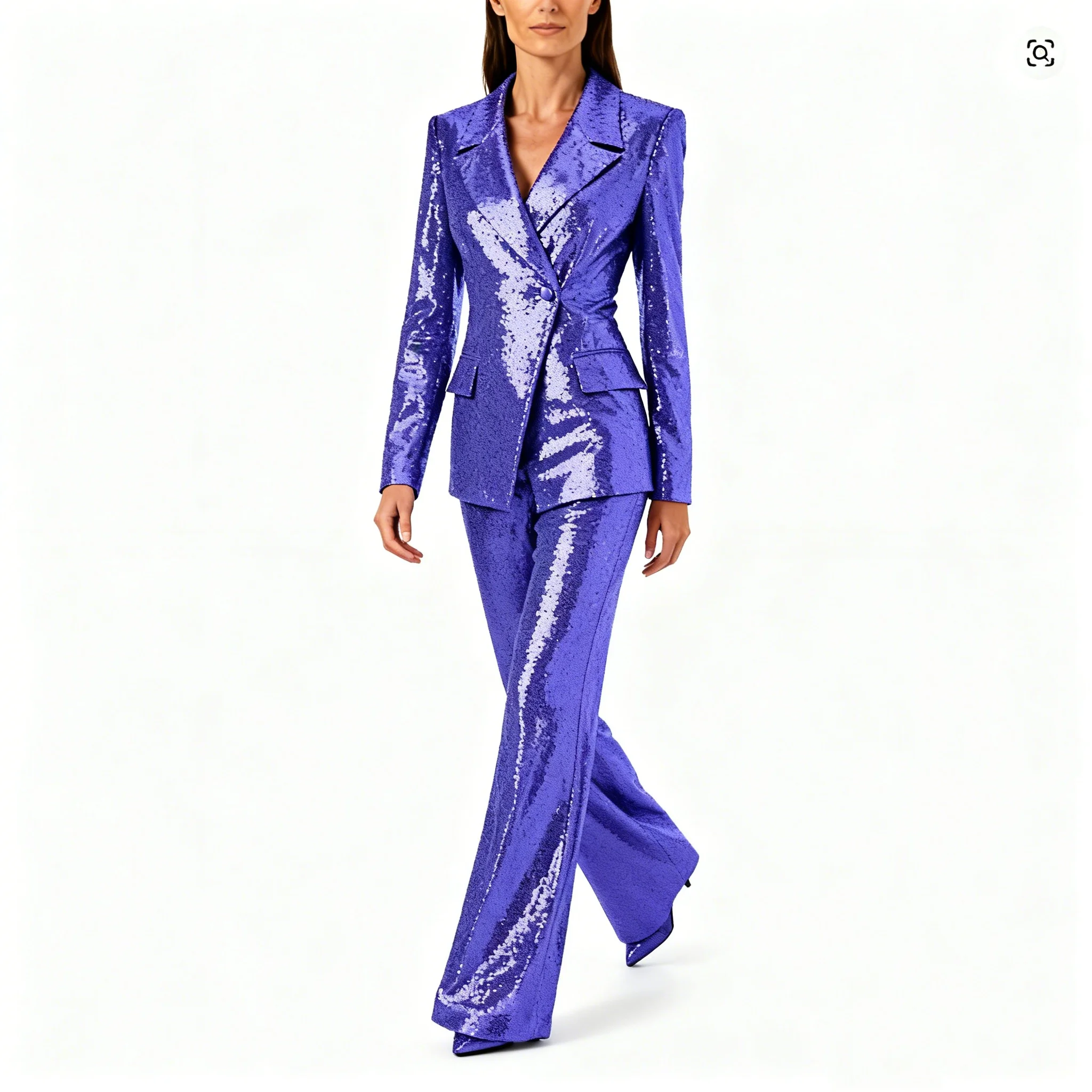 

Women’s Sparkly Sequin Suit Set, Shiny Purple Blazer and Wide-Leg Pants, Party Stage Outfit, Elegant Two-Piece Set