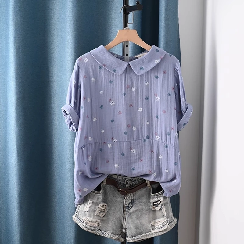 

Cotton Yarn Fashion Shirt Women Japan Fashion Peter Pan Collar Printed Shirts and Blouses Women's Short Sleeve Tops