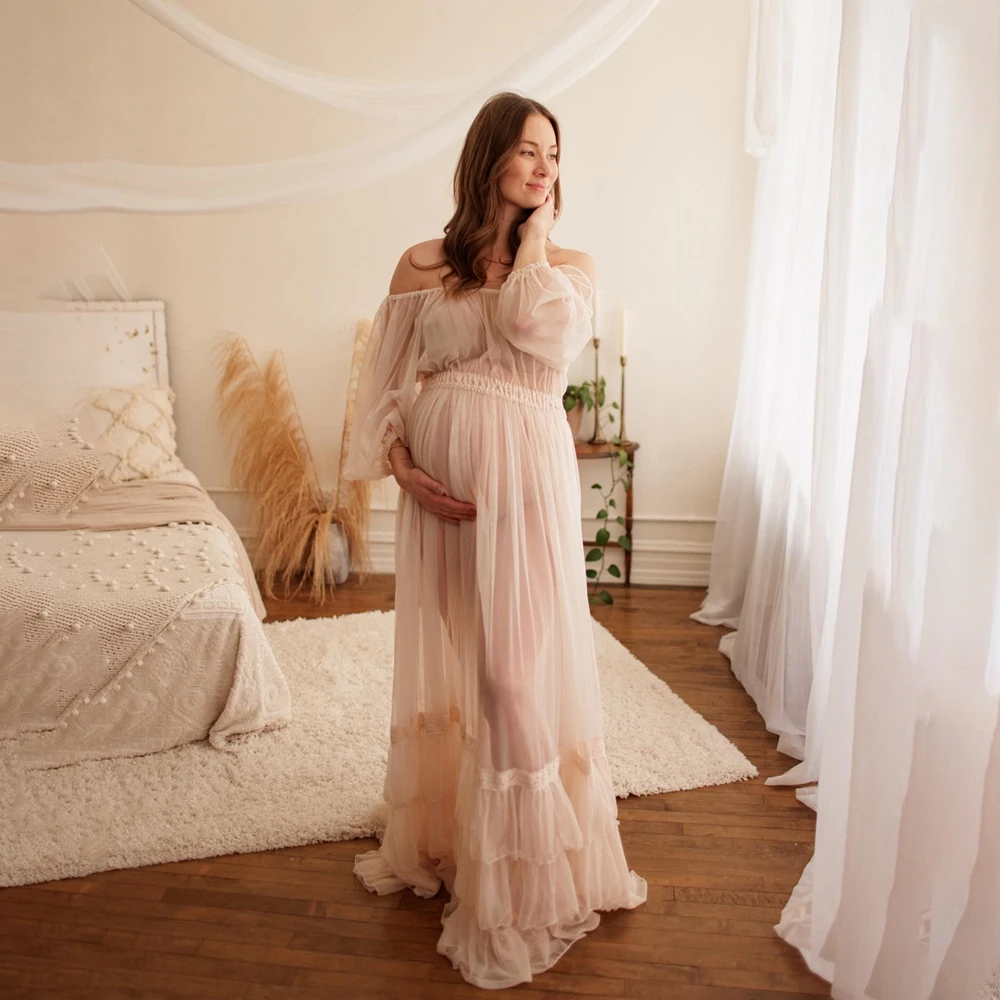 boho-maternity-photography-dress-beige-off-shoulder-sleeve-tiered-flowy-chiffon-maxi-skirt-pregnant-photo-prop