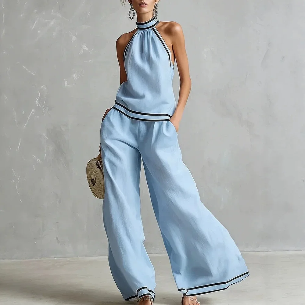 Women's Sleeveless Wide-leg Pants Set With A Suspender Neck, Featuring Strip Patchwork And A 1240;casal,§124; Vacation-inspired
