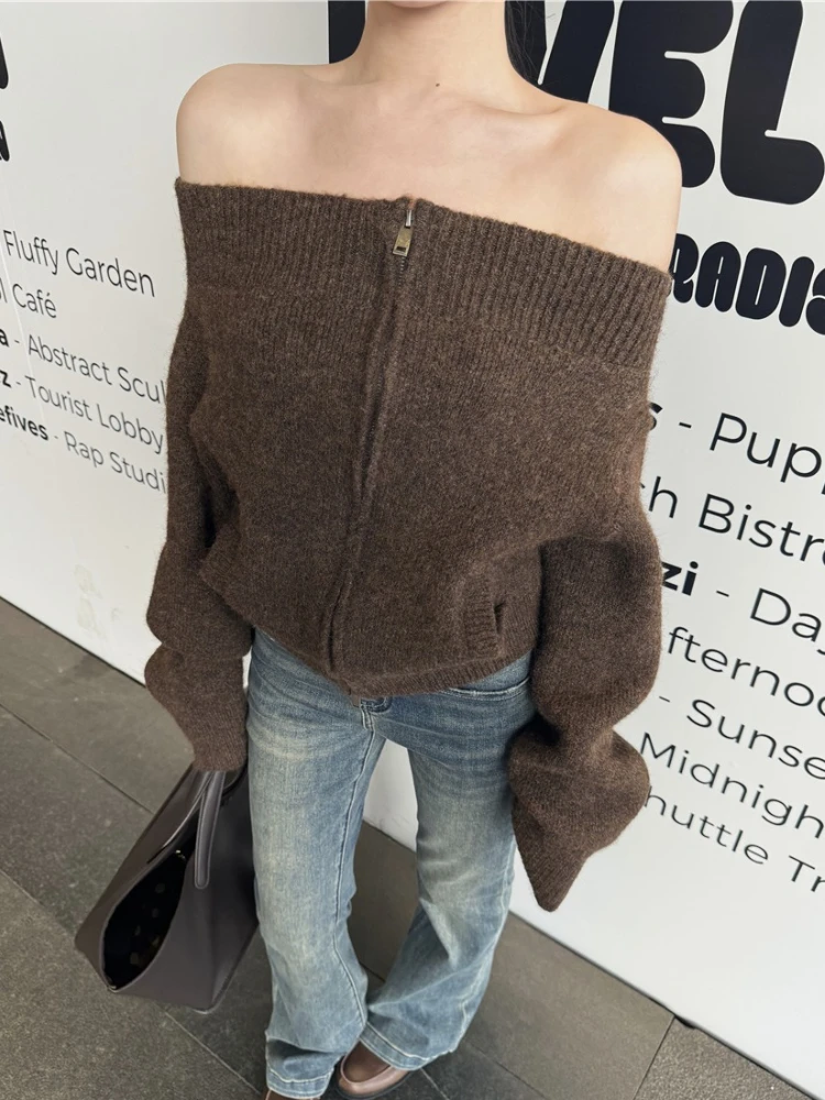 Moda autunno donna manica lunga con spalle scoperte maglione elegante sexy cerniera invernale top lavorato a maglia maglieria pullover allentato vintage