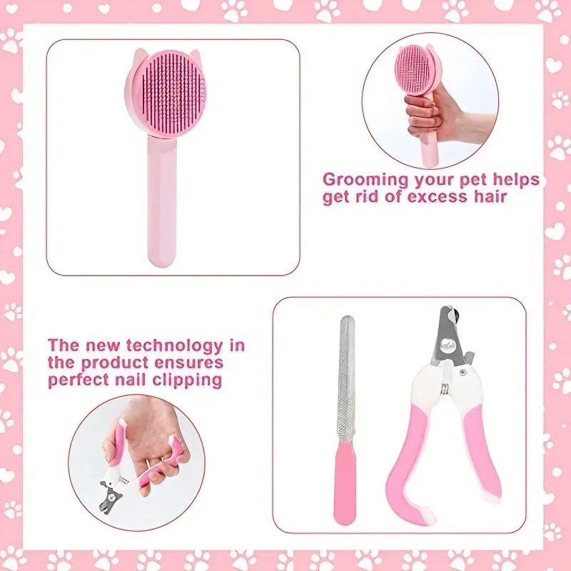 8Pcs Cat Brush Beauty Kit with Pet Nail Clippers and Files Pet Self-Cleaning Kit Flea Comb Pet Shampoo Bath Brush Pet Sheddin