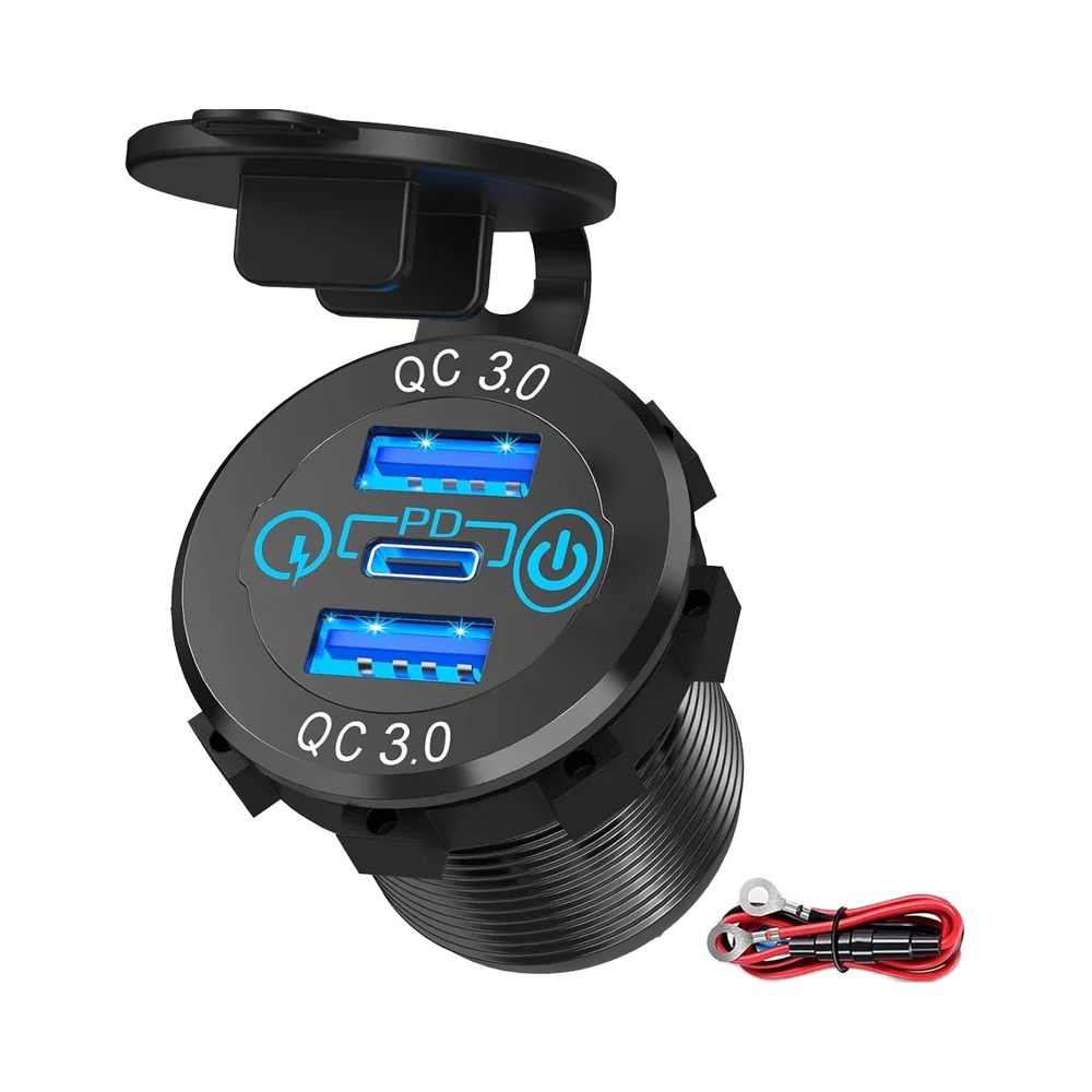 USB C Car Charger 12V/24V Aluminum Metal Socket Multiple USB Outlets 20W USB-C Dual QC3.0 Power Switch For RV Boat